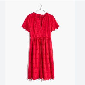 MADEWELL Scalloped Eyelet Midi Dress Short Sleeve Prairie Red Cotton Size 8P